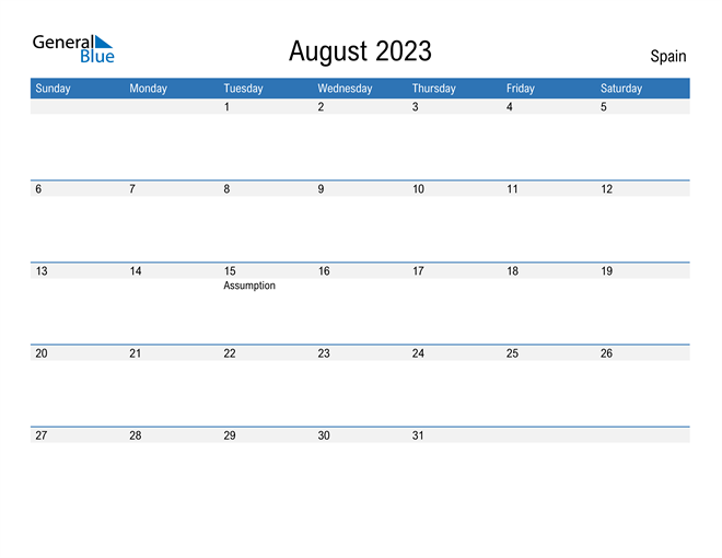 August 2023 Calendar with Spain Holidays