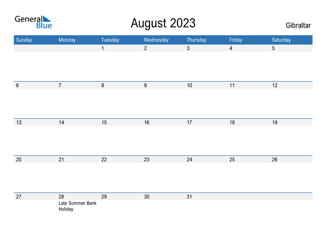 August 2023 Calendar with Gibraltar Holidays