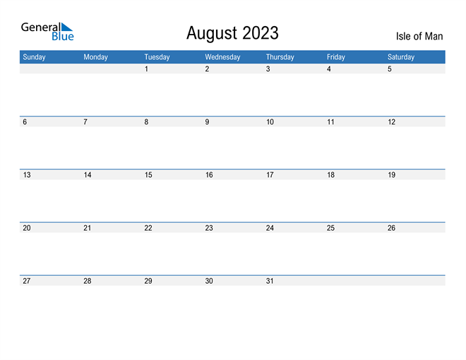 August 2023 Calendar with Isle of Man Holidays