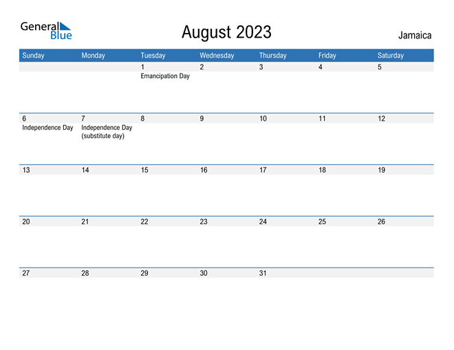 August 2023 Calendar with Jamaica Holidays