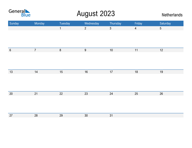 Netherlands August 2023 Calendar with Holidays