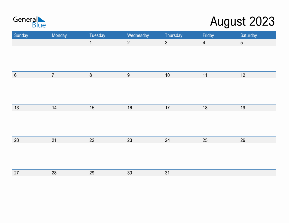 Editable Calendar Template for August 2023