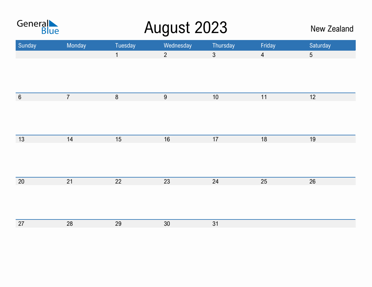 Editable August 2023 Calendar with New Zealand Holidays