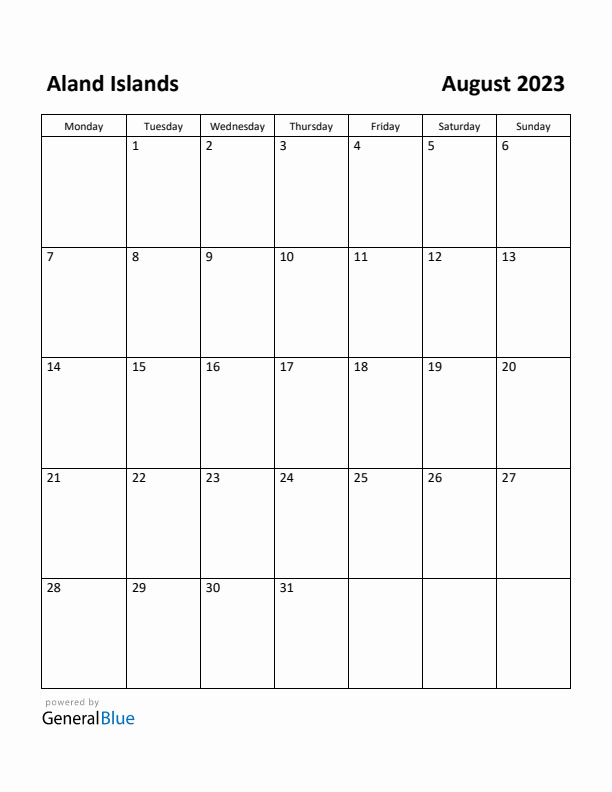 August 2023 Calendar with Aland Islands Holidays