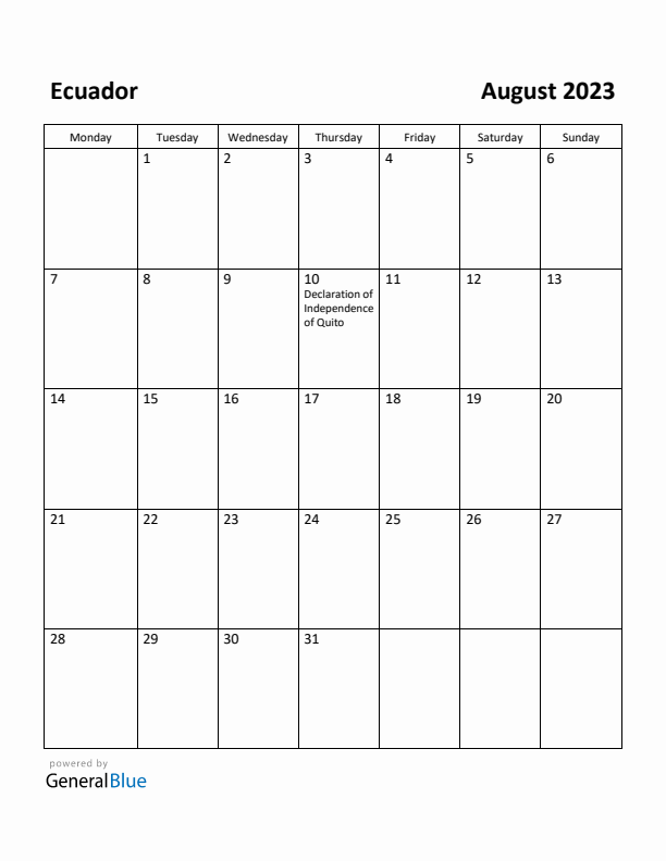 August 2023 Calendar with Ecuador Holidays