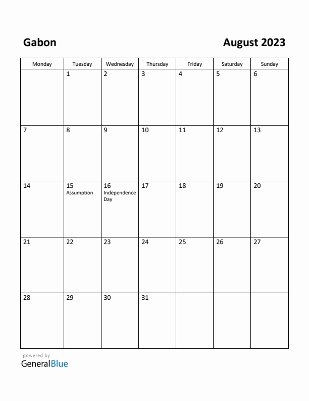 August 2023 Calendar with Gabon Holidays