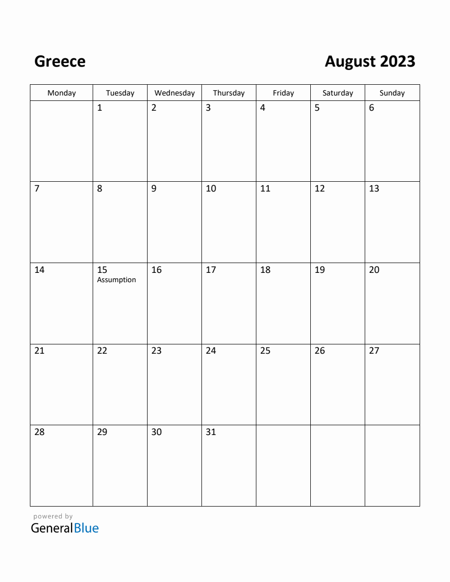 Free Printable August 2023 Calendar for Greece