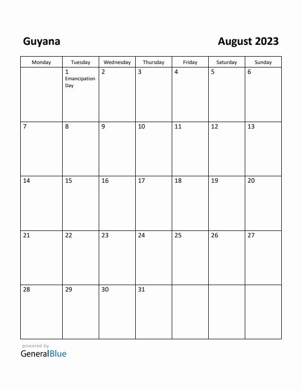 August 2023 Calendar with Guyana Holidays