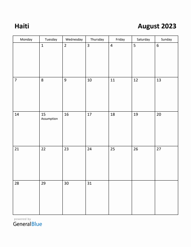 August 2023 Calendar with Haiti Holidays