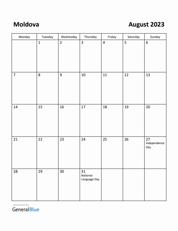 August 2023 Calendar with Moldova Holidays