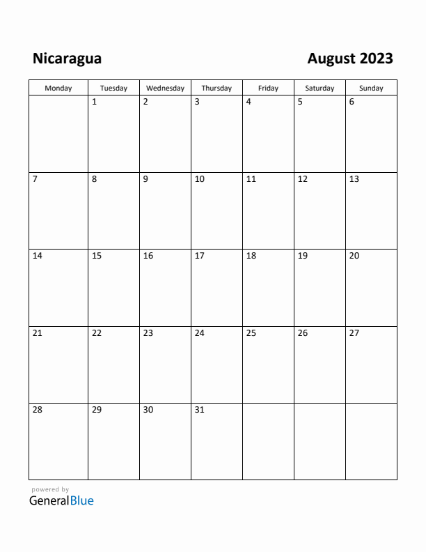 August 2023 Calendar with Nicaragua Holidays