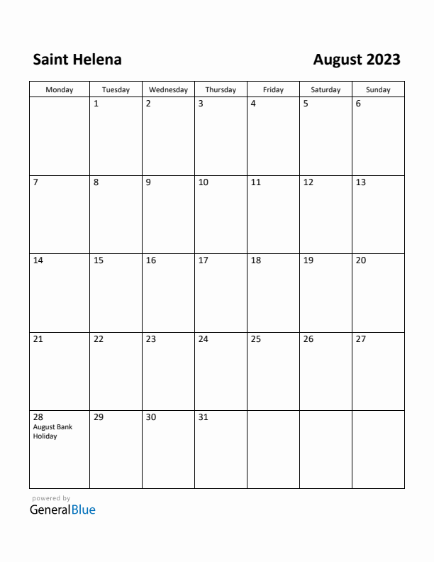 August 2023 Calendar with Saint Helena Holidays
