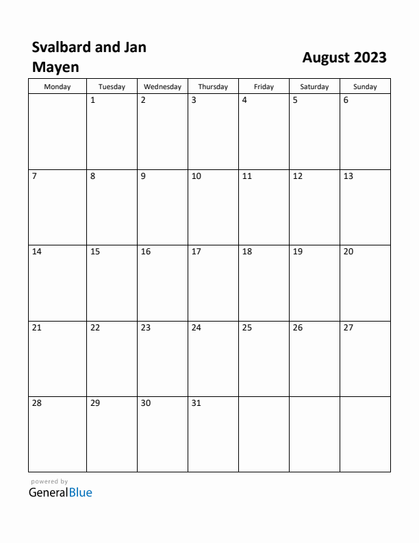 August 2023 Calendar with Svalbard and Jan Mayen Holidays