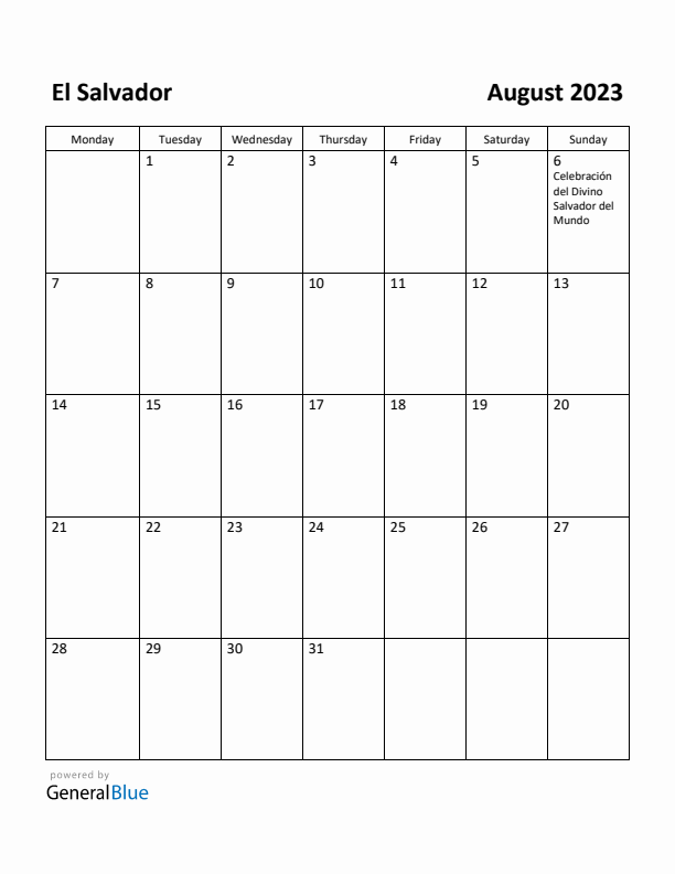 August 2023 Calendar with El Salvador Holidays