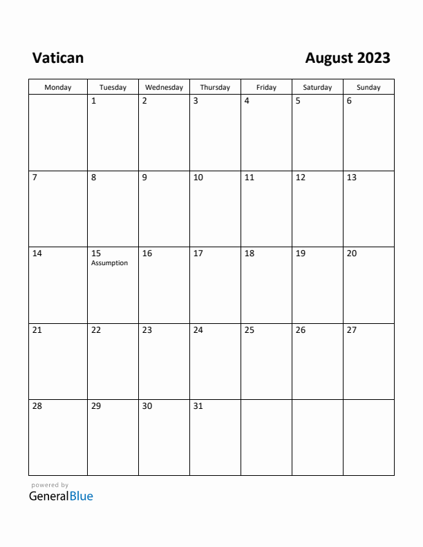 August 2023 Calendar with Vatican Holidays
