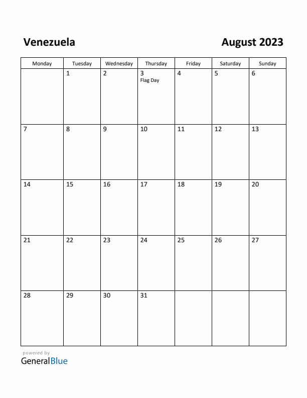 August 2023 Calendar with Venezuela Holidays