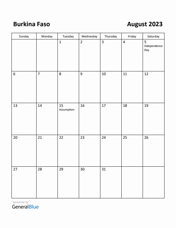 August 2023 Calendar with Burkina Faso Holidays
