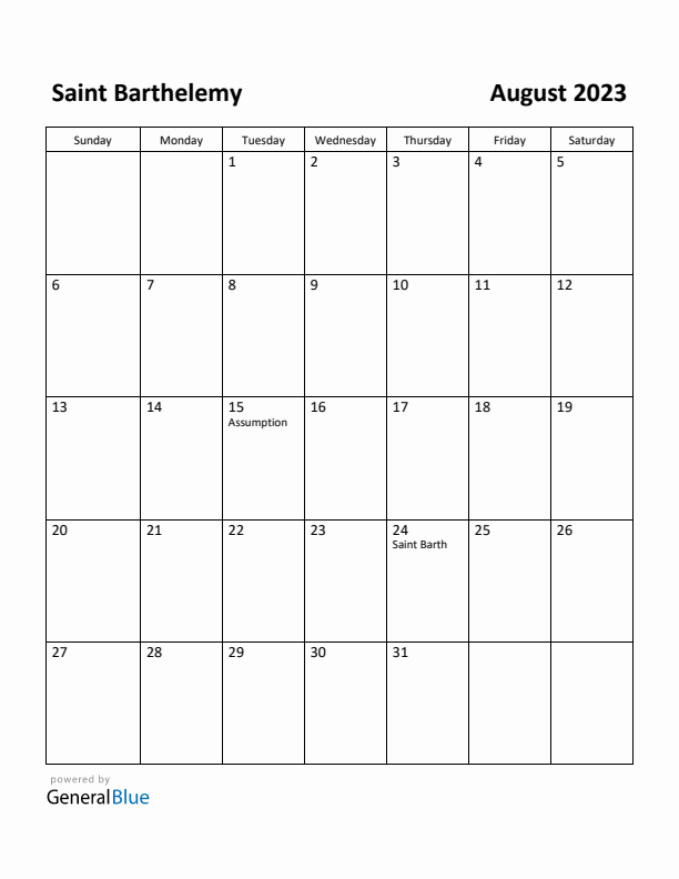 August 2023 Calendar with Saint Barthelemy Holidays