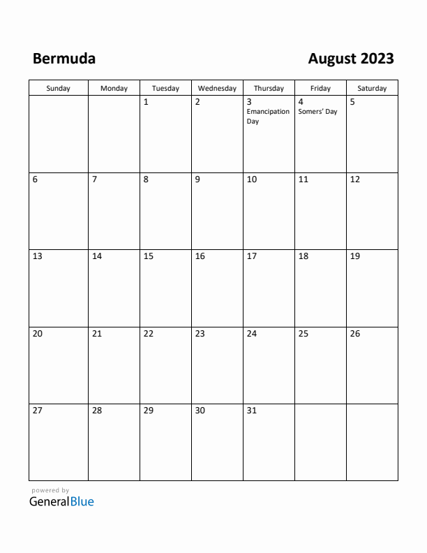 August 2023 Calendar with Bermuda Holidays
