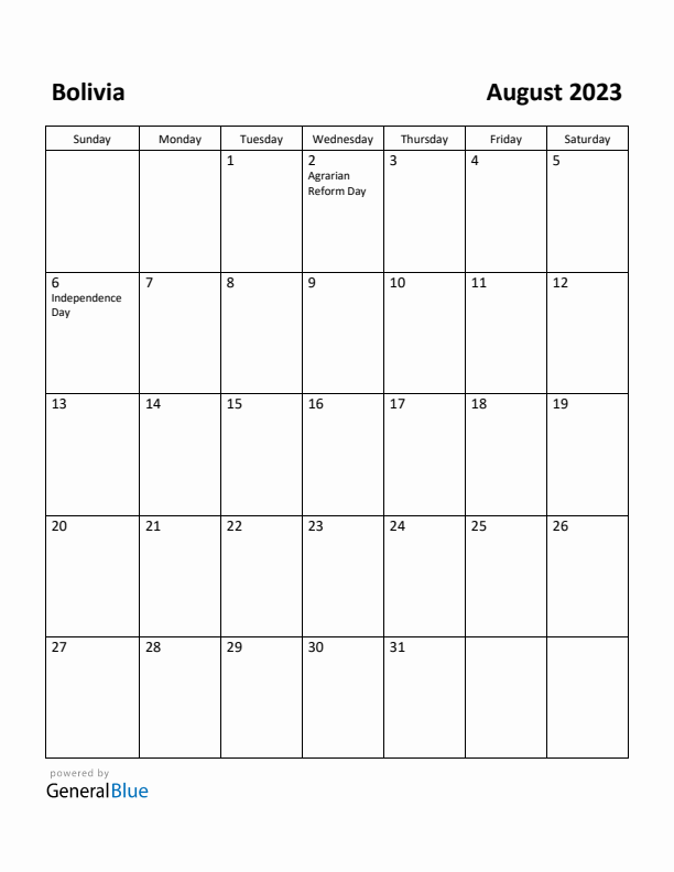 August 2023 Calendar with Bolivia Holidays