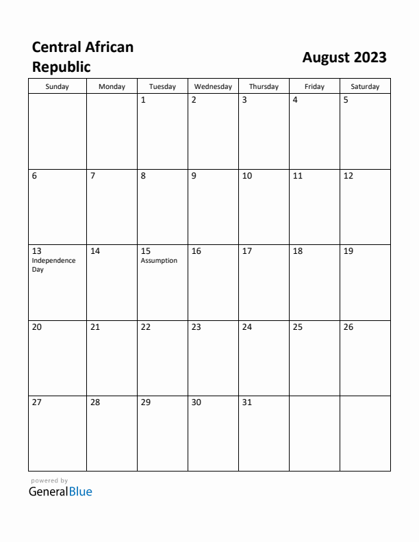 August 2023 Calendar with Central African Republic Holidays