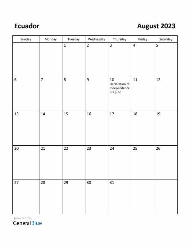 August 2023 Calendar with Ecuador Holidays