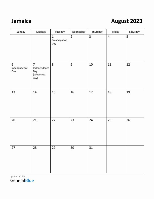 August 2023 Monthly Calendar with Jamaica Holidays