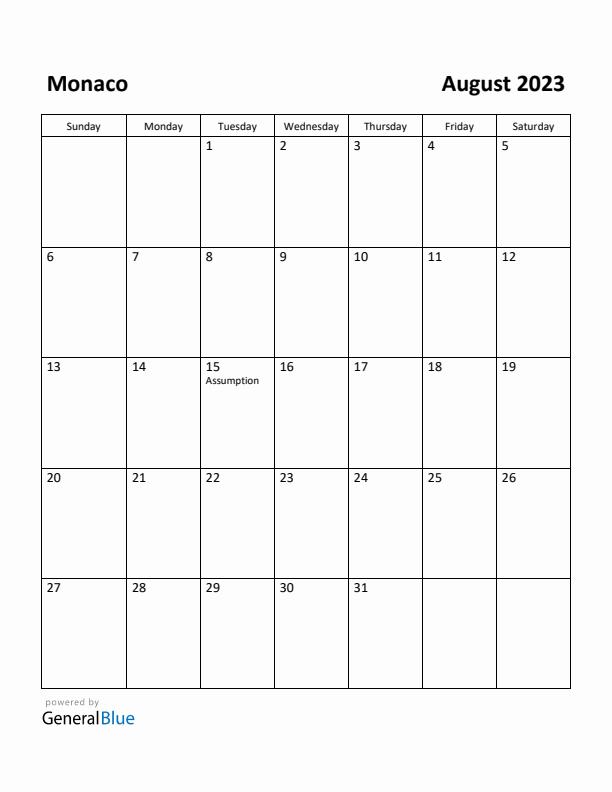 August 2023 Calendar with Monaco Holidays