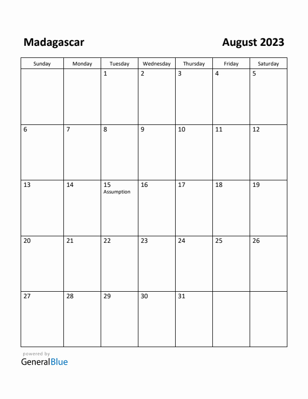 August 2023 Calendar with Madagascar Holidays