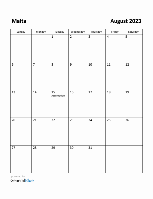 August 2023 Calendar with Malta Holidays