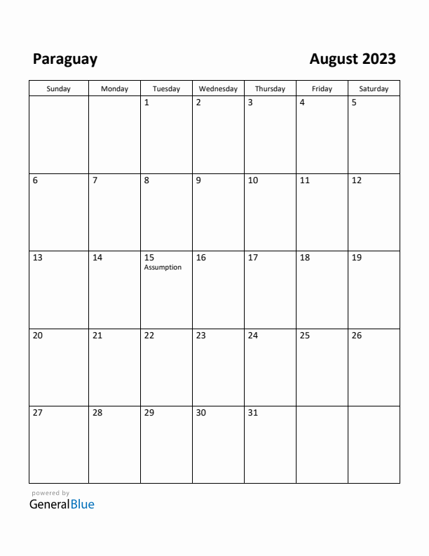 August 2023 Calendar with Paraguay Holidays