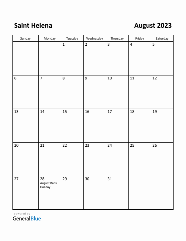 August 2023 Calendar with Saint Helena Holidays