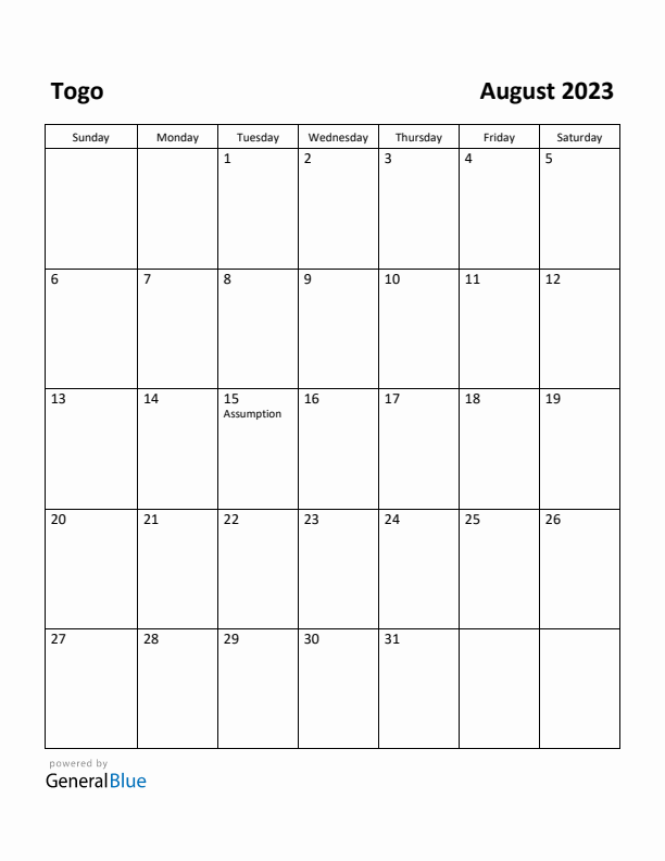 August 2023 Calendar with Togo Holidays