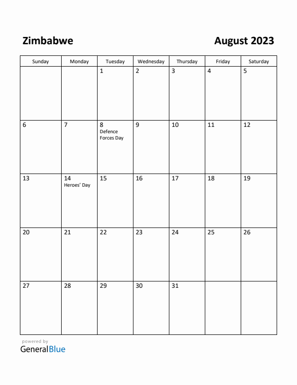 August 2023 Calendar with Zimbabwe Holidays