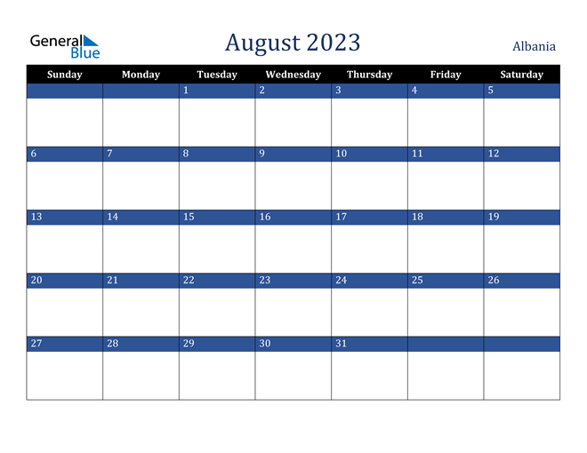 August 2023 Albania Calendar