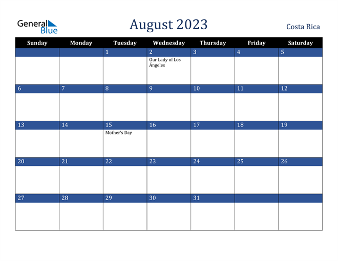 August 2023 Costa Rica Calendar