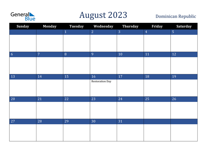 August 2023 Dominican Republic Calendar