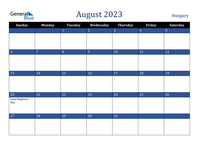 August 2023 Hungary Calendar
