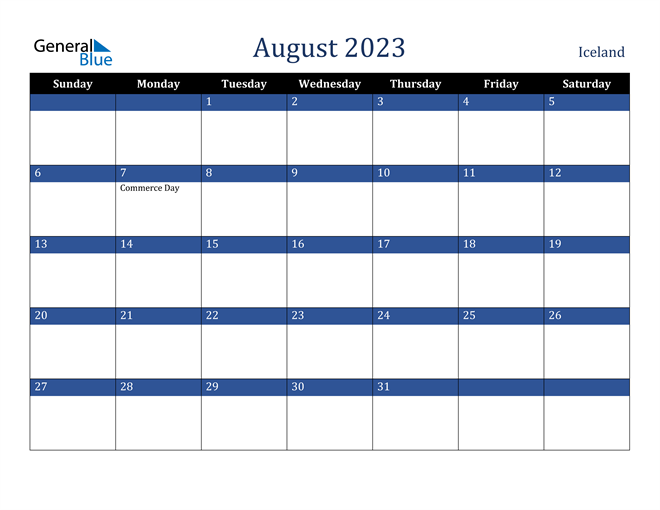 August 2023 Iceland Calendar
