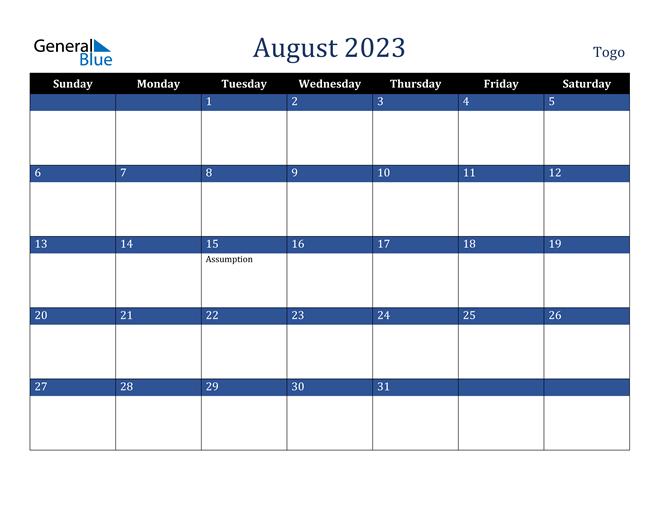 August 2023 Togo Calendar