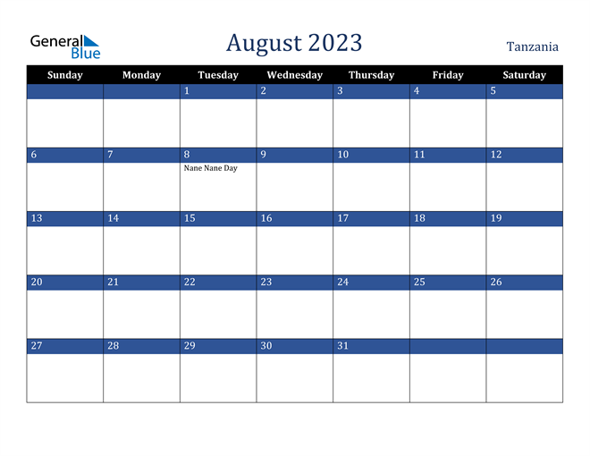 Tanzania August 2023 Calendar with Holidays