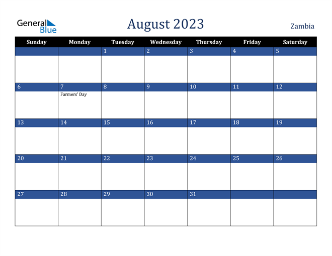 August 2023 Zambia Calendar