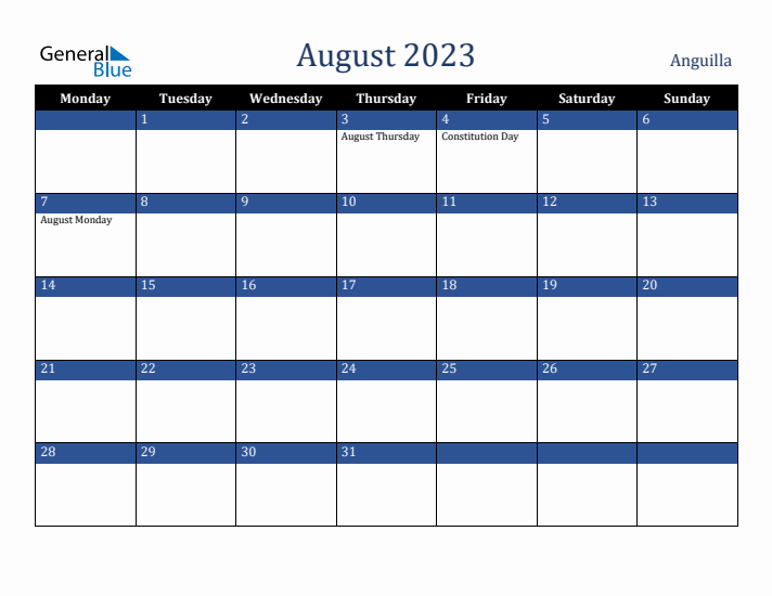 August 2023 Anguilla Calendar (Monday Start)