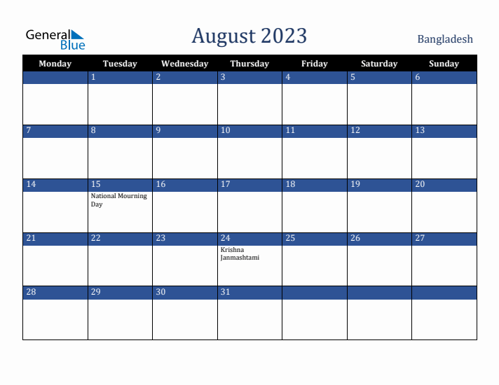 August 2023 Bangladesh Calendar (Monday Start)