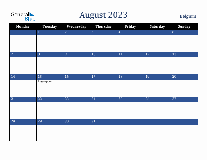 August 2023 Belgium Calendar (Monday Start)