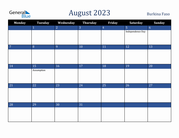 August 2023 Burkina Faso Calendar (Monday Start)