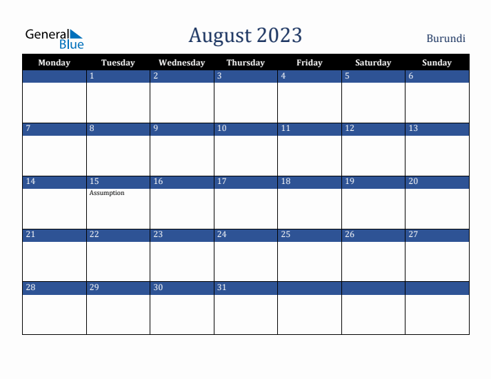 August 2023 Burundi Calendar (Monday Start)