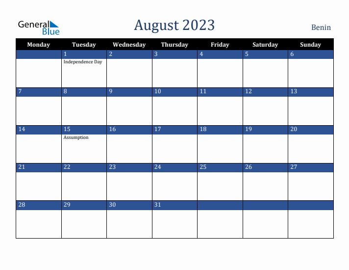 August 2023 Benin Calendar (Monday Start)
