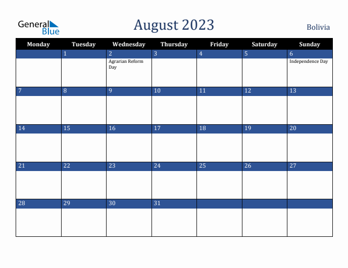 August 2023 Bolivia Calendar (Monday Start)