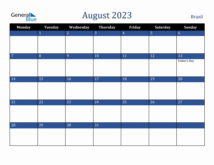 August 2023 Brazil Calendar (Monday Start)